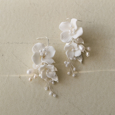 SLBRIDAL din aliaj lucrat manual, frunze, strass, flori de ceramică, perle de apă dulce, pieptene de păr de mireasă, accesorii de păr pentru nuntă, bijuterii pentru femei