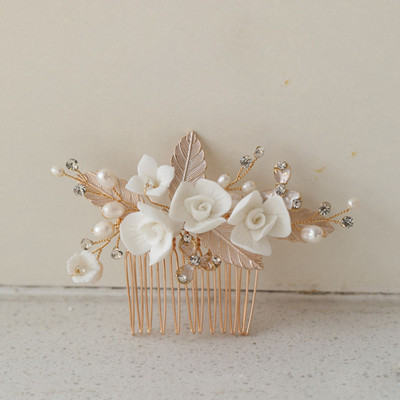 SLBRIDAL din aliaj lucrat manual, frunze, strass, flori de ceramică, perle de apă dulce, pieptene de păr de mireasă, accesorii de păr pentru nuntă, bijuterii pentru femei
