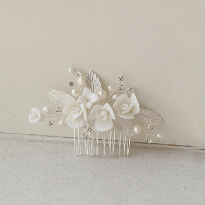 SLBRIDAL din aliaj lucrat manual, frunze, strass, flori de ceramică, perle de apă dulce, pieptene de păr de mireasă, accesorii de păr pentru nuntă, bijuterii pentru femei