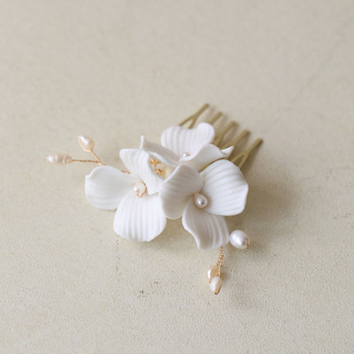 SLBRIDAL din aliaj lucrat manual, frunze, strass, flori de ceramică, perle de apă dulce, pieptene de păr de mireasă, accesorii de păr pentru nuntă, bijuterii pentru femei