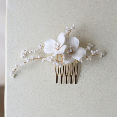 SLBRIDAL din aliaj lucrat manual, frunze, strass, flori de ceramică, perle de apă dulce, pieptene de păr de mireasă, accesorii de păr pentru nuntă, bijuterii pentru femei