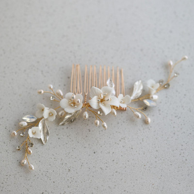 SLBRIDAL din aliaj lucrat manual, frunze, strass, flori de ceramică, perle de apă dulce, pieptene de păr de mireasă, accesorii de păr pentru nuntă, bijuterii pentru femei