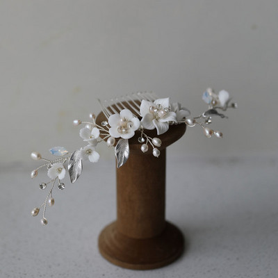 SLBRIDAL din aliaj lucrat manual, frunze, strass, flori de ceramică, perle de apă dulce, pieptene de păr de mireasă, accesorii de păr pentru nuntă, bijuterii pentru femei