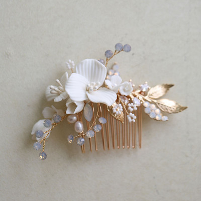 SLBRIDAL din aliaj lucrat manual, frunze, strass, flori de ceramică, perle de apă dulce, pieptene de păr de mireasă, accesorii de păr pentru nuntă, bijuterii pentru femei