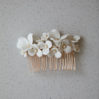 SLBRIDAL din aliaj lucrat manual, frunze, strass, flori de ceramică, perle de apă dulce, pieptene de păr de mireasă, accesorii de păr pentru nuntă, bijuterii pentru femei