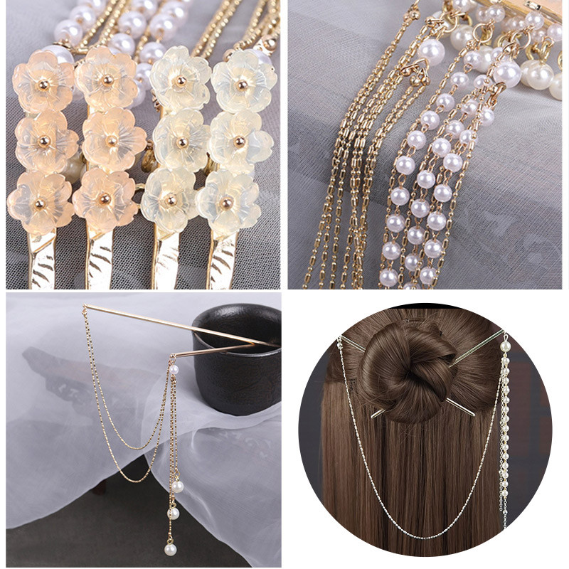 Duplaláncú hajvilla gyöngybojt hajrúd hajtű Kínai stílusú retro hajkiegészítők Hanfu tiaras díszekhez esküvői