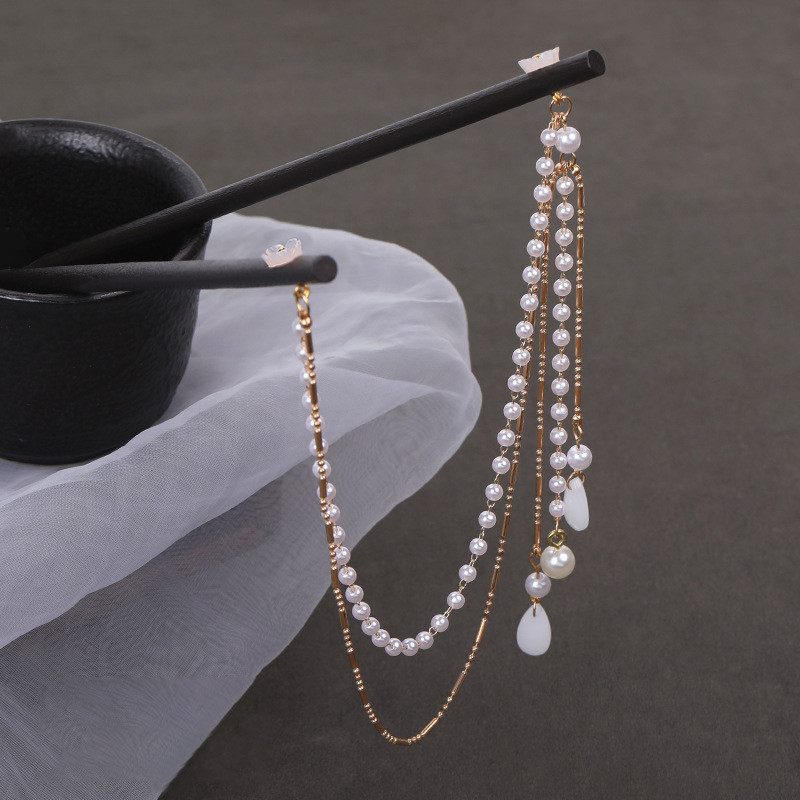 Duplaláncú hajvilla gyöngybojt hajrúd hajtű Kínai stílusú retro hajkiegészítők Hanfu tiaras díszekhez esküvői
