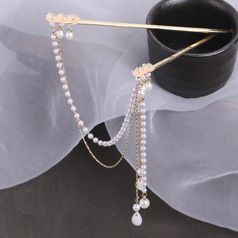 Duplaláncú hajvilla gyöngybojt hajrúd hajtű Kínai stílusú retro hajkiegészítők Hanfu tiaras díszekhez esküvői