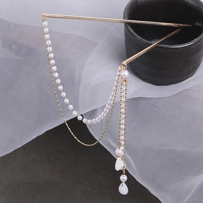 Duplaláncú hajvilla gyöngybojt hajrúd hajtű Kínai stílusú retro hajkiegészítők Hanfu tiaras díszekhez esküvői