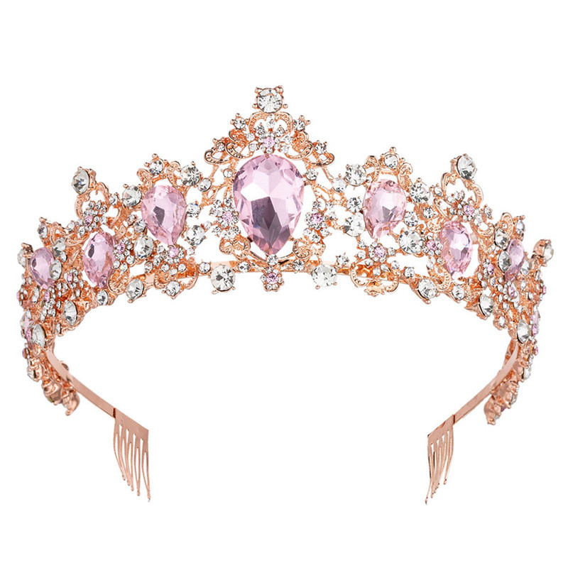 Puošnios rožinės spalvos krištolo karūna karališkosios karalienės tiaros galvos juostos mergaitėms išleistuvių nuotakų karūnos nuotakos diadem vestuviniai plaukų papuošalai