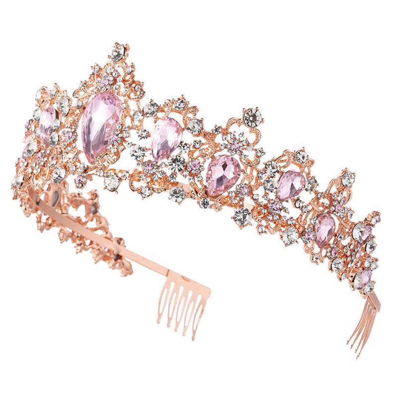 Puošnios rožinės spalvos krištolo karūna karališkosios karalienės tiaros galvos juostos mergaitėms išleistuvių nuotakų karūnos nuotakos diadem vestuviniai plaukų papuošalai