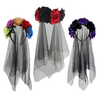 Voal de Halloween Dantela Mireasa Flori de trandafir Bentita de par Cerc pentru cap Halloween Petrecere Festival Costum Cosplay Accesorii pentru par