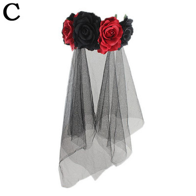 Halloween Fátyol Csipke Menyasszony Rózsa Virág Fejpánt Haj Karika Halloween Fejdísz Party Fesztivál Cosplay jelmez Haj kiegészítők