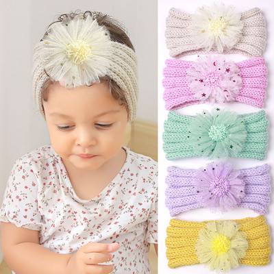 Модни бебешки плетени ленти за глава Едноцветни цветя Еластични ленти за коса за деца Сладки шапки Детски аксесоари за коса
