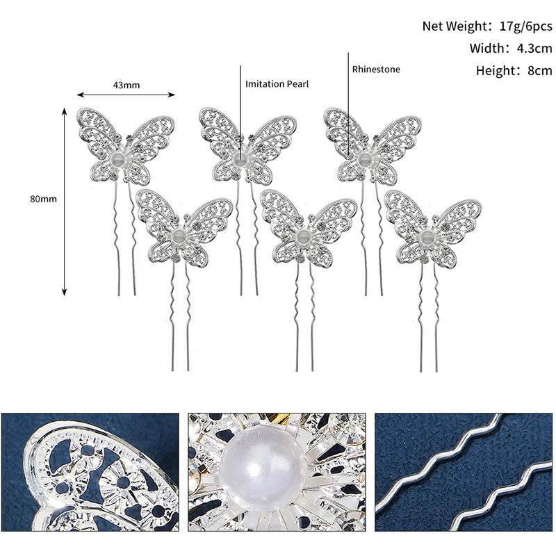 6 komada štapića za kosu u obliku leptira u obliku slova U, modni ručno rađeni retro simulirani biseri, cvijet ukosnice za mladenku, vjenčani dodatak za kosu, nakit