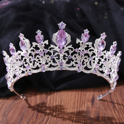 Ezüst színű divat lila lila kristály strassz tiara koronák királynő királyok hercegnő esküvői haj kiegészítők menyasszonyi diadémek