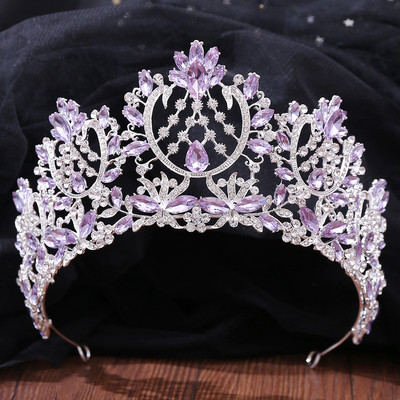 Ezüst színű divat lila lila kristály strassz tiara koronák királynő királyok hercegnő esküvői haj kiegészítők menyasszonyi diadémek
