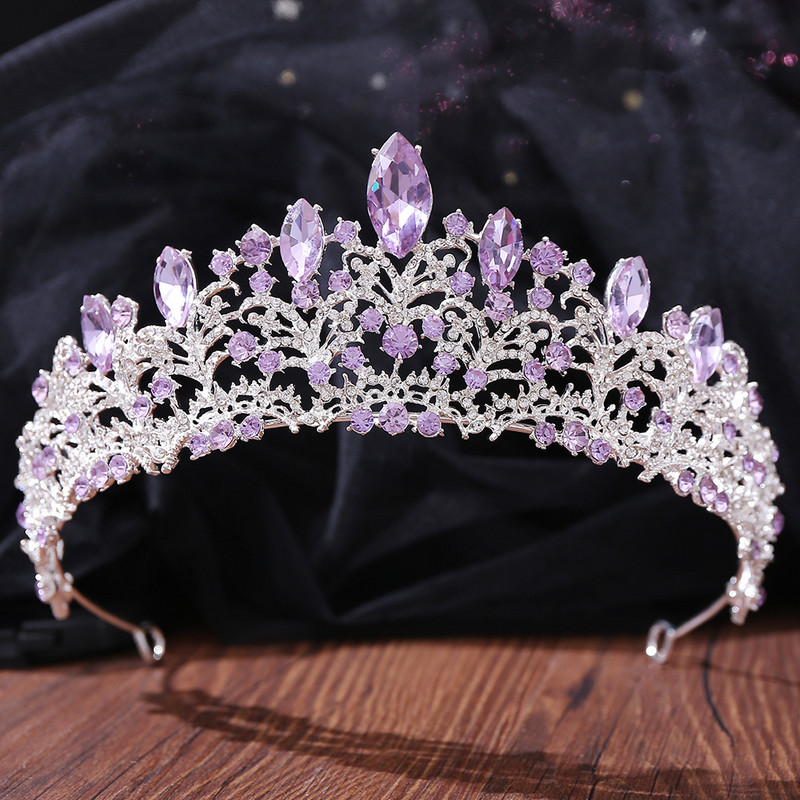 Ezüst színű divat lila lila kristály strassz tiara koronák királynő királyok hercegnő esküvői haj kiegészítők menyasszonyi diadémek