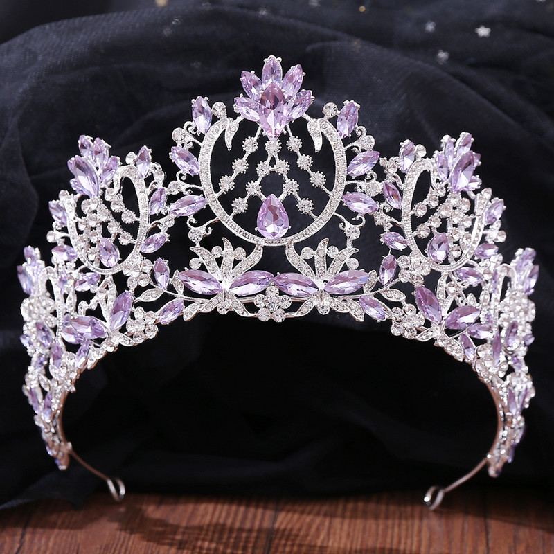 Ezüst színű divat lila lila kristály strassz tiara koronák királynő királyok hercegnő esküvői haj kiegészítők menyasszonyi diadémek