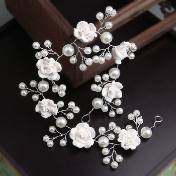 Симулирани перли Сребърни цветни ленти за глава Глинени цветя Ръчно изработени евтини диадеми Ленти за коса за сватба Аксесоари за коса за глава
