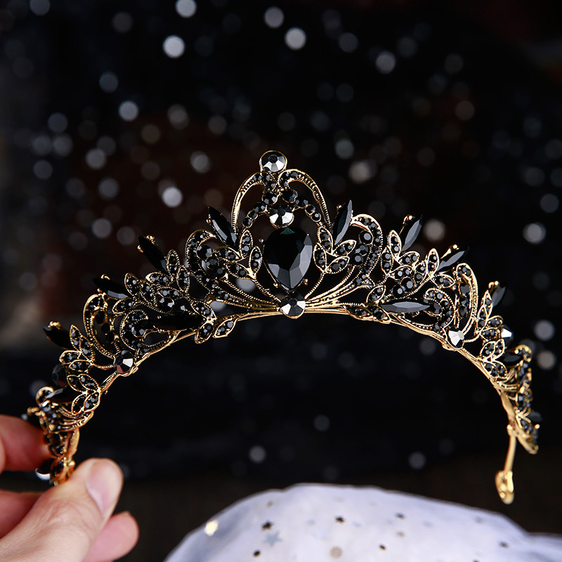 Vintage fekete színű királynő tiaras korona Diadem kristály strasszos menyasszonyi haj ékszerek fejdísz esküvői haj kiegészítők diadema
