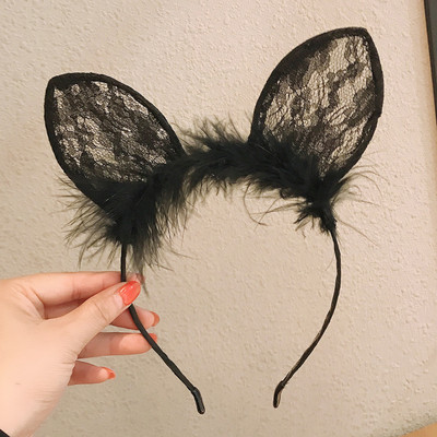 Divat Aranyos Csipke Macska Fül Haj Karika Női Lányok Szőrös Toll Hajpánt Halloween Cosplay Fejdísz Ruházat Haj Kiegészítők