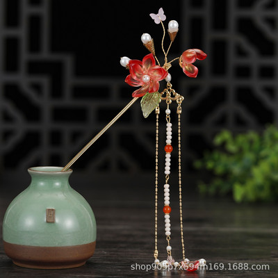 Kineski Hanfu dodaci za kosu Ukosnice za žene Cvjetni biser Duga kićanka Step Shake Štapići za kosu Vintage vjenčani svadbeni nakit