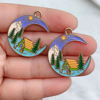 10 τμχ σμάλτο Mountain Bus Tree House Moon Charm for Jewelry Making Crafting Earring κρεμαστό Diy βραχιόλι κολιέ αξεσουάρ