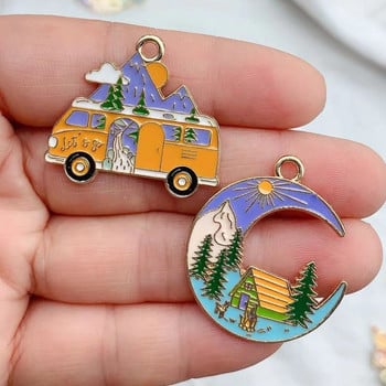 10 τμχ σμάλτο Mountain Bus Tree House Moon Charm for Jewelry Making Crafting Earring κρεμαστό Diy βραχιόλι κολιέ αξεσουάρ