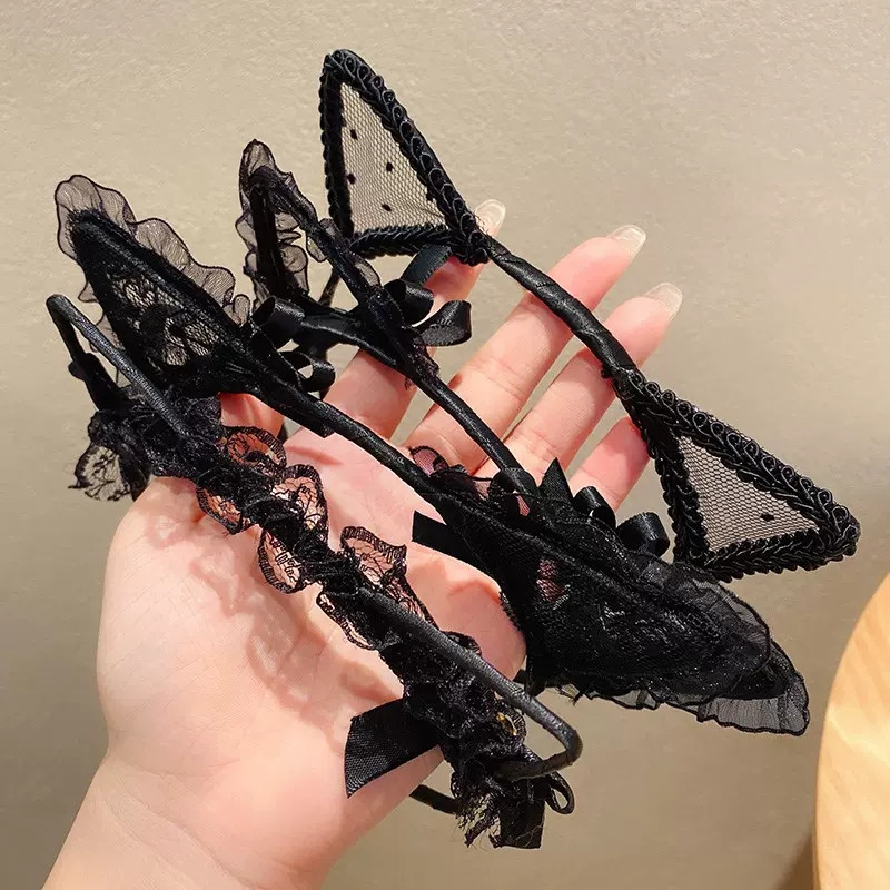 Moterys Seksualios Juodos katės ausys Galvos apvadas Madingi nėriniai Moterų plaukų juosta Cosplay galvos apdangalai Galvos apdangalas Merginos gimtadienio vakarėlio plaukų aksesuarai