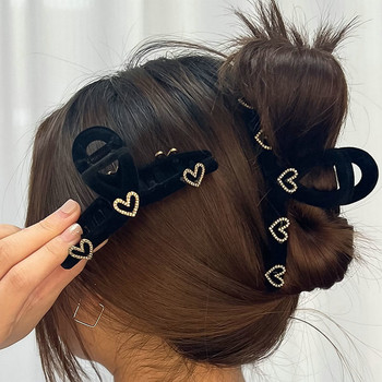Нова дамска модна щипка за нокти Love Rhinestone Flocking Large Hair Claw Корейско момиче Shark Clip Шапки Шнола Аксесоари за коса