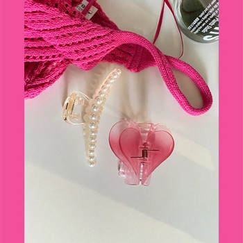 Ново в сладко розово сърце, прозрачна ацетатна двуслойна щипка за коса с нокти за коса за жени Тенденция в корейската мода Аксесоари за коса