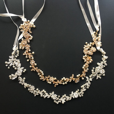 SLBRIDAL Strasuri lucrate manual Cristale Perle Frunză de flori nuntă Tiara de păr Vină de vie Bentiță de mireasă Accesorii pentru păr Domnișoare de onoare