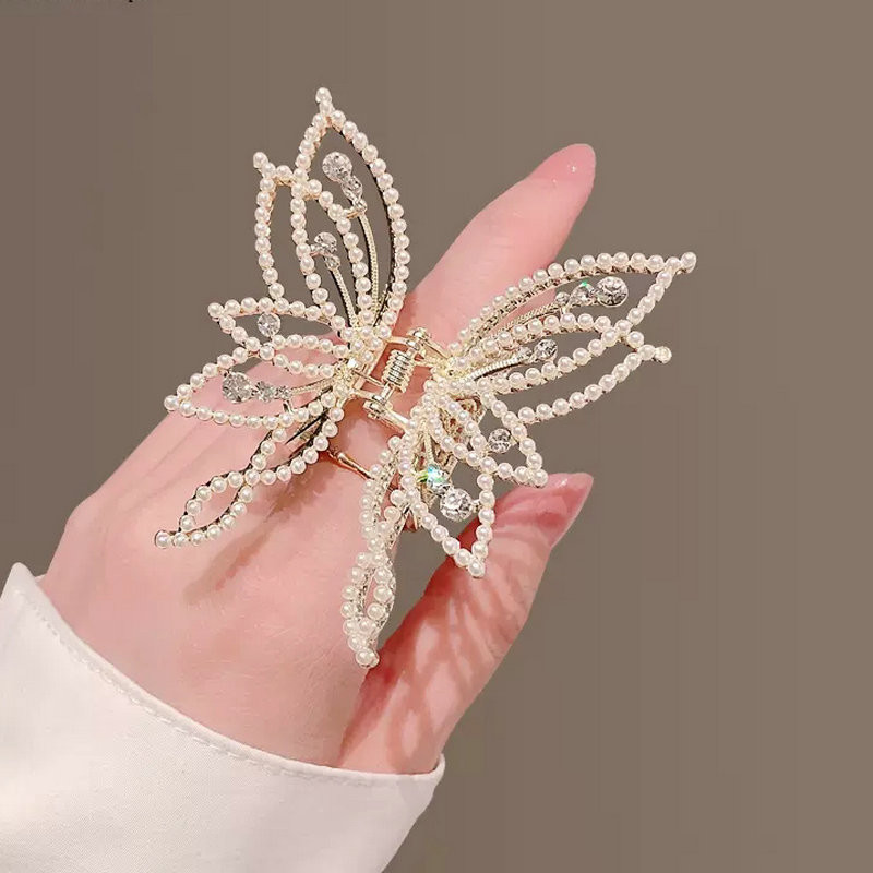 Gyöngy Strasszos Pillangó Hajfogás Divat Fejfedők Ötvözet Shark Claw Clip Hajpánt Barrettes Hajkiegészítők Lányok Fejdísz