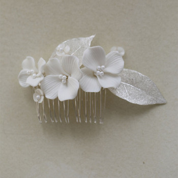 SLBRIDAL Ръчно изработен Ins Style Alloy Leaf Rhinestone Ceram Flower Pearls Булчински гребен за коса Сватбени аксесоари за коса Дамски бижута