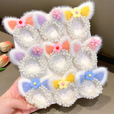 Modes Kaķu Ausis Pērļu Matu Virve Daudzkrāsains Scrunchie Zirgastes Turētājs Elastīgs Matu Lentes Matu Aksesuāri Bērnu Galvassegas