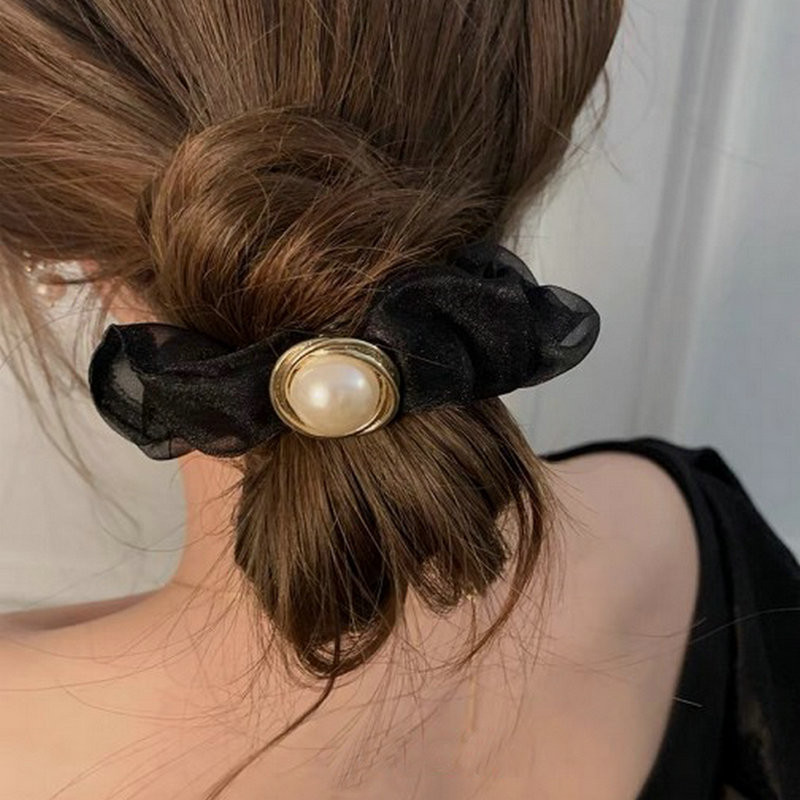 Túlméretes Scrunchie Korea Organza Gyöngy Haj Scrunchie Női Rugalmas Hajpántok Fejfedők Lófarok Tartó Hajkötél