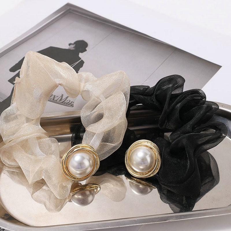 Túlméretes Scrunchie Korea Organza Gyöngy Haj Scrunchie Női Rugalmas Hajpántok Fejfedők Lófarok Tartó Hajkötél