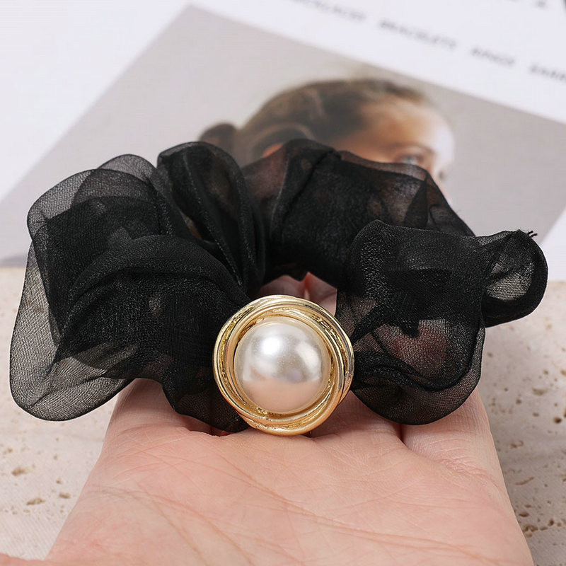 Túlméretes Scrunchie Korea Organza Gyöngy Haj Scrunchie Női Rugalmas Hajpántok Fejfedők Lófarok Tartó Hajkötél