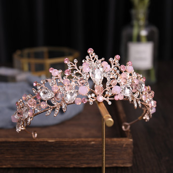Розово злато, сребърен цвят, розов кристал, булчинска тиара и корона, ръчно изработена диадема на кралицата принцеса с обеца Дамски сватбени аксесоари