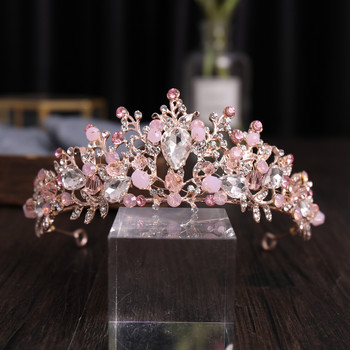 Розово злато, сребърен цвят, розов кристал, булчинска тиара и корона, ръчно изработена диадема на кралицата принцеса с обеца Дамски сватбени аксесоари
