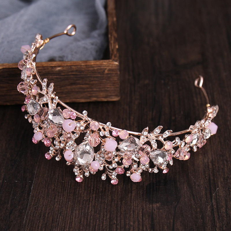 Ružovo-zlatá, strieborná farba, ružový krištáľ, svadobná tiara a koruna, ručne vyrobená kráľovná, princezná, diadém s náušnicami, svadobné doplnky pre ženy