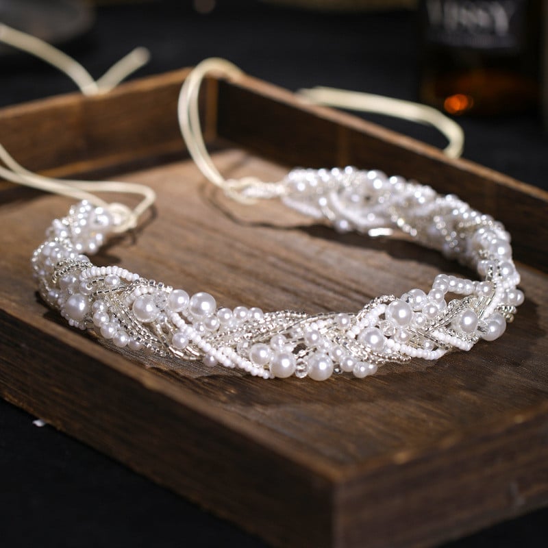 GETNOIVAS Mireasă nuntă Bentita de păr de culoare argintie Bentita de perle realizată manual Coafura de frânghie Accesorii pentru păr SL