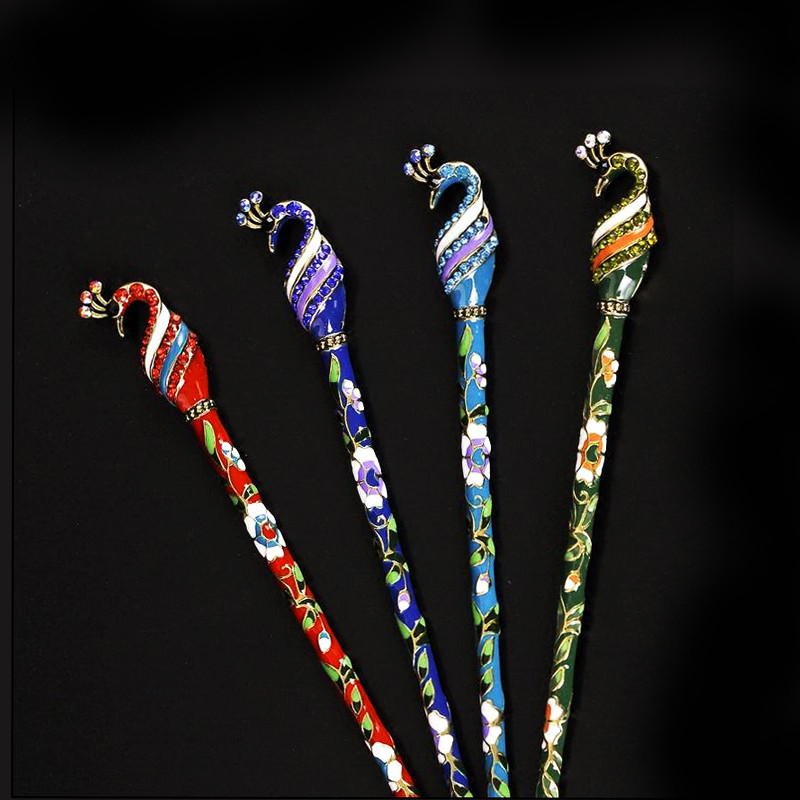 Morkopela Vintage smaltovaná pávia vlasová tyčinka s kamienkami, sponka do vlasov, dámske banketové vlasové šperky, čínsky štýl, vlasové doplnky