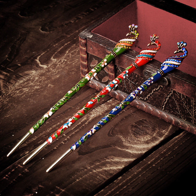 Morkopela Vintage smaltovaná pávia vlasová tyčinka s kamienkami, sponka do vlasov, dámske banketové vlasové šperky, čínsky štýl, vlasové doplnky