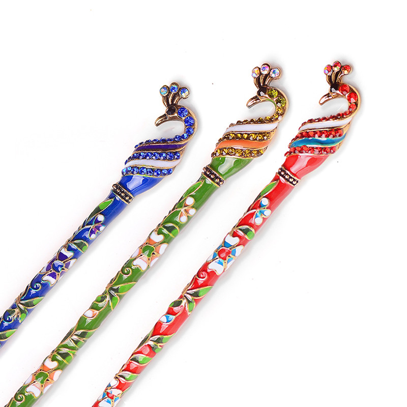 Morkopela Vintage smaltovaná pávia vlasová tyčinka s kamienkami, sponka do vlasov, dámske banketové vlasové šperky, čínsky štýl, vlasové doplnky