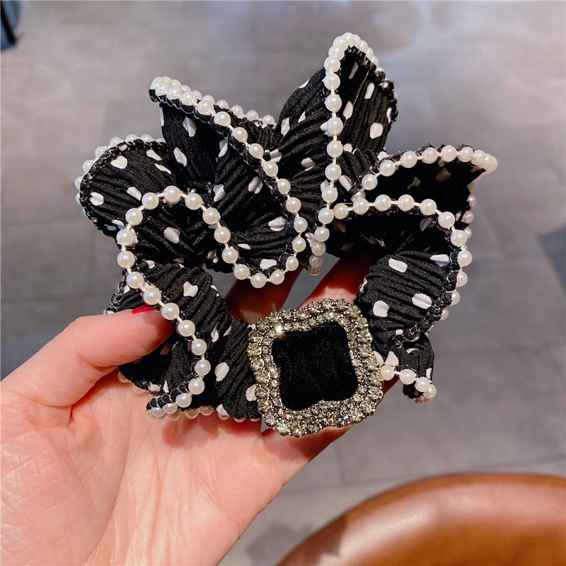 Ruoshui Woman Girls Crystal Plaukų Kaklaraiščiai Taškiniai Perliniai Scrunchies Moteriški Plaukų Aksesuarai Žiedai Guminės juostelės Arklio uodegos laikikliai Galvos apdangalai