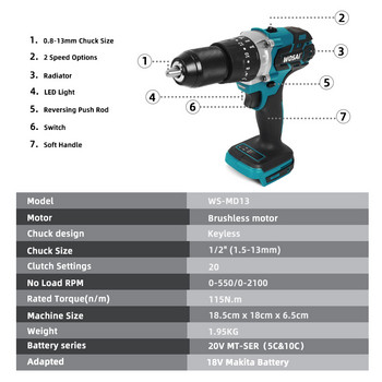 WOSAI Brushless Electric Drill 20 Torque Cordless Screwdriver Li-ion Battery Screwdriver Drill for 18V Makita Lithium Battery