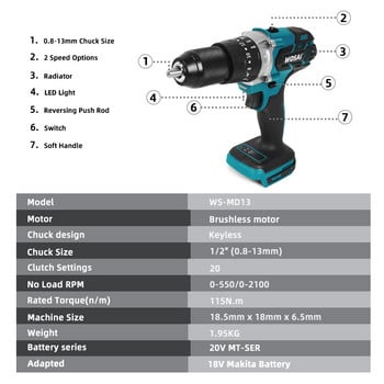 WOSAI MT-Series 115NM Brushless Electric Screwdriver Cordless Drill Impact Drill 20V Battery Lithium-Ion 28pcs Bit Accessories