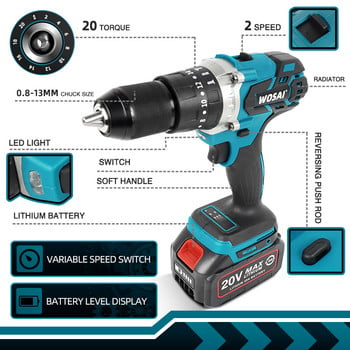 WOSAI MT-Series 115NM Brushless Electric Screwdriver Cordless Drill Impact Drill 20V Battery Lithium-Ion 28pcs Bit Accessories